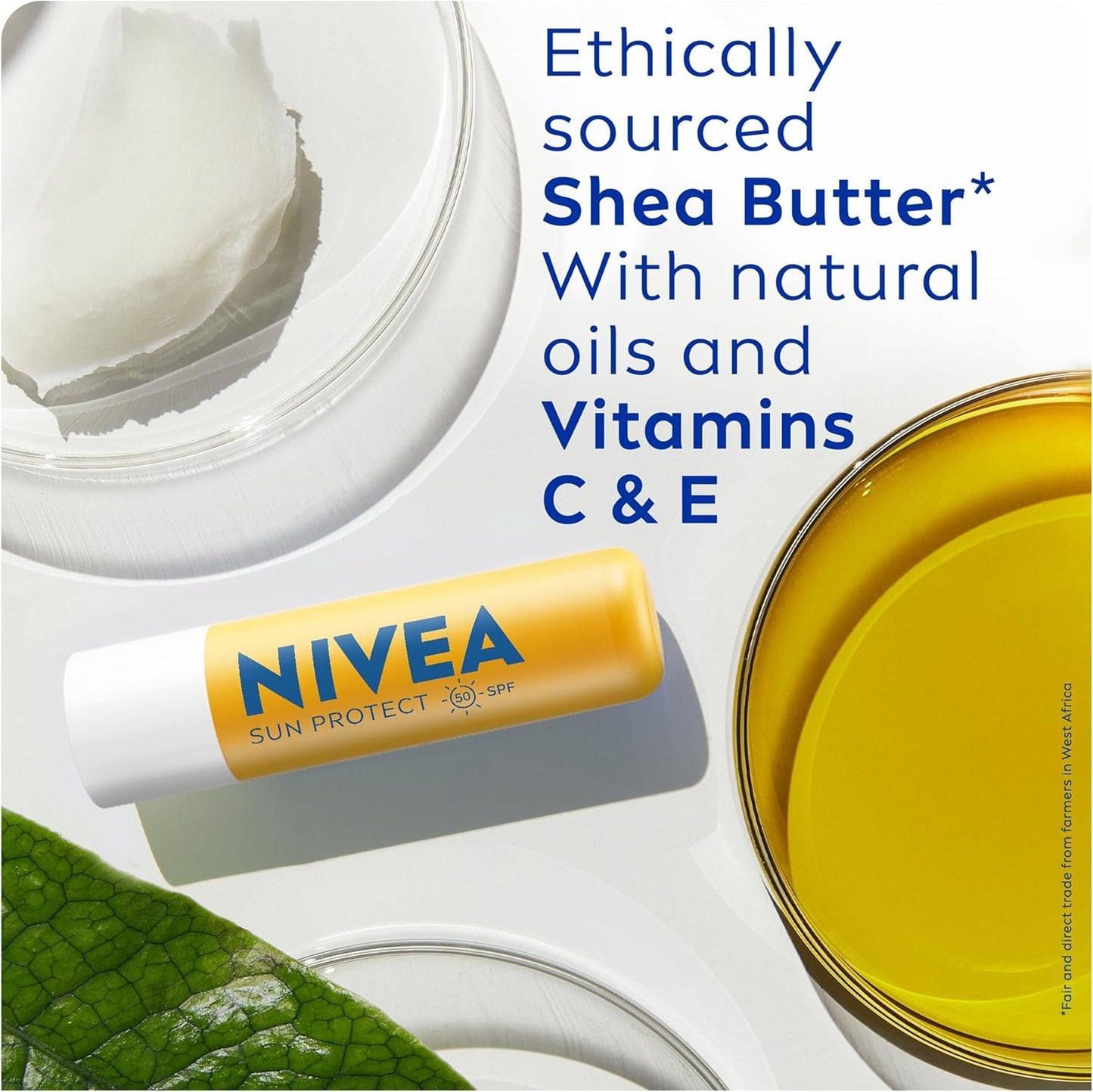 
NIVEA SUN Protect Caring Lip Balm SPF50, Lip balm, lip care, lip tint, Vegan & Cruelty-free, skincare, buy online in UK, 24H Moisture, SPF,No White Cast, Shea Butter,UVA/UVB, Vitamin C & E