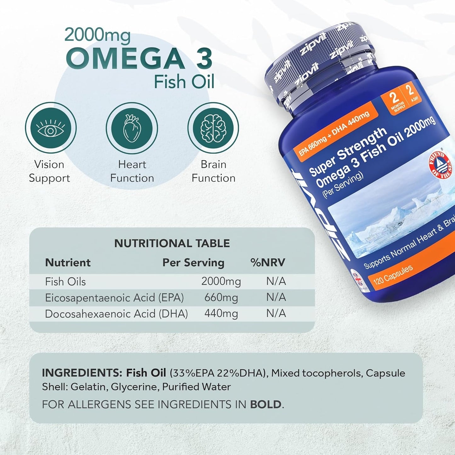 Omega 3, cod liver oil, fatty acids, fish oil, heart & brain function, 2000mg, zipvit, order online in UK