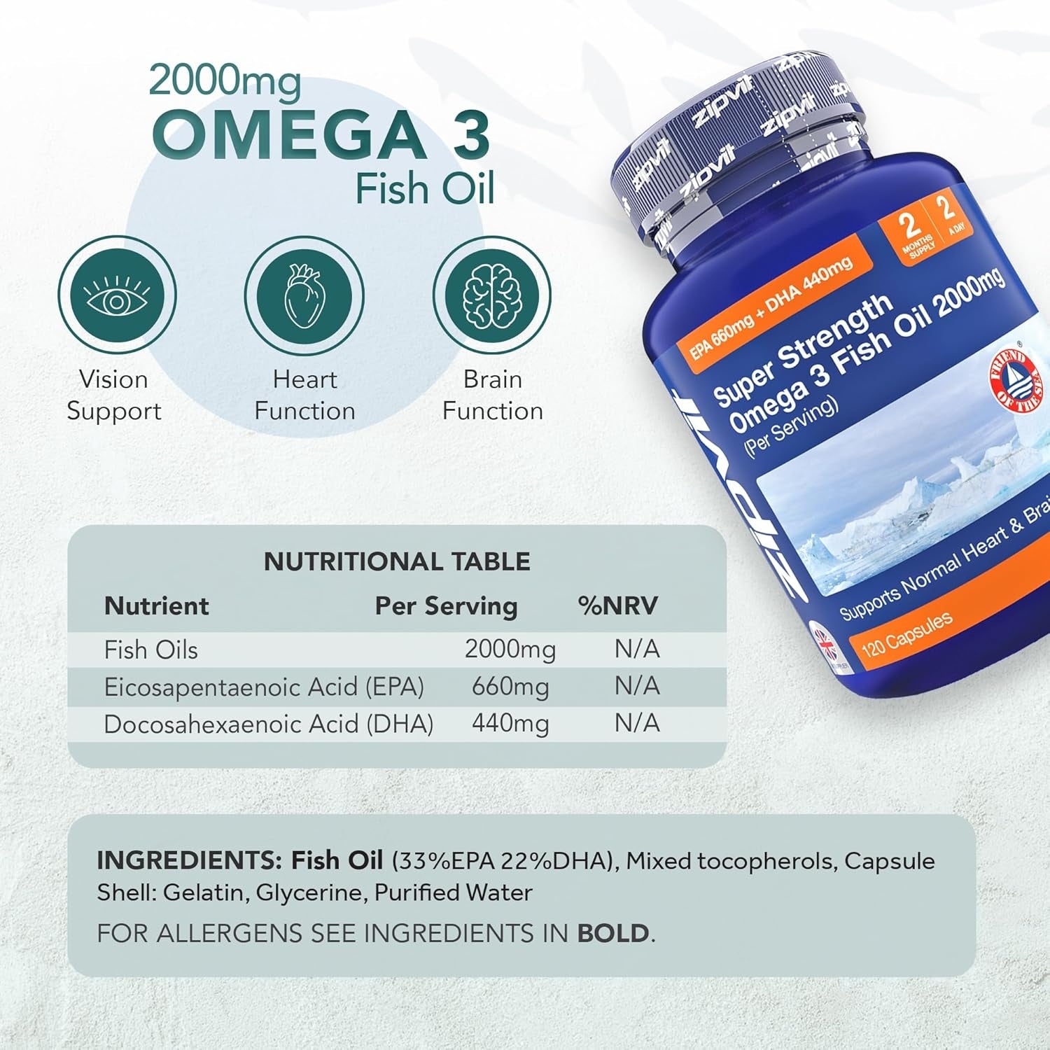 Omega 3, cod liver oil, fatty acids, fish oil, heart & brain function, 2000mg, zipvit, order online in UK