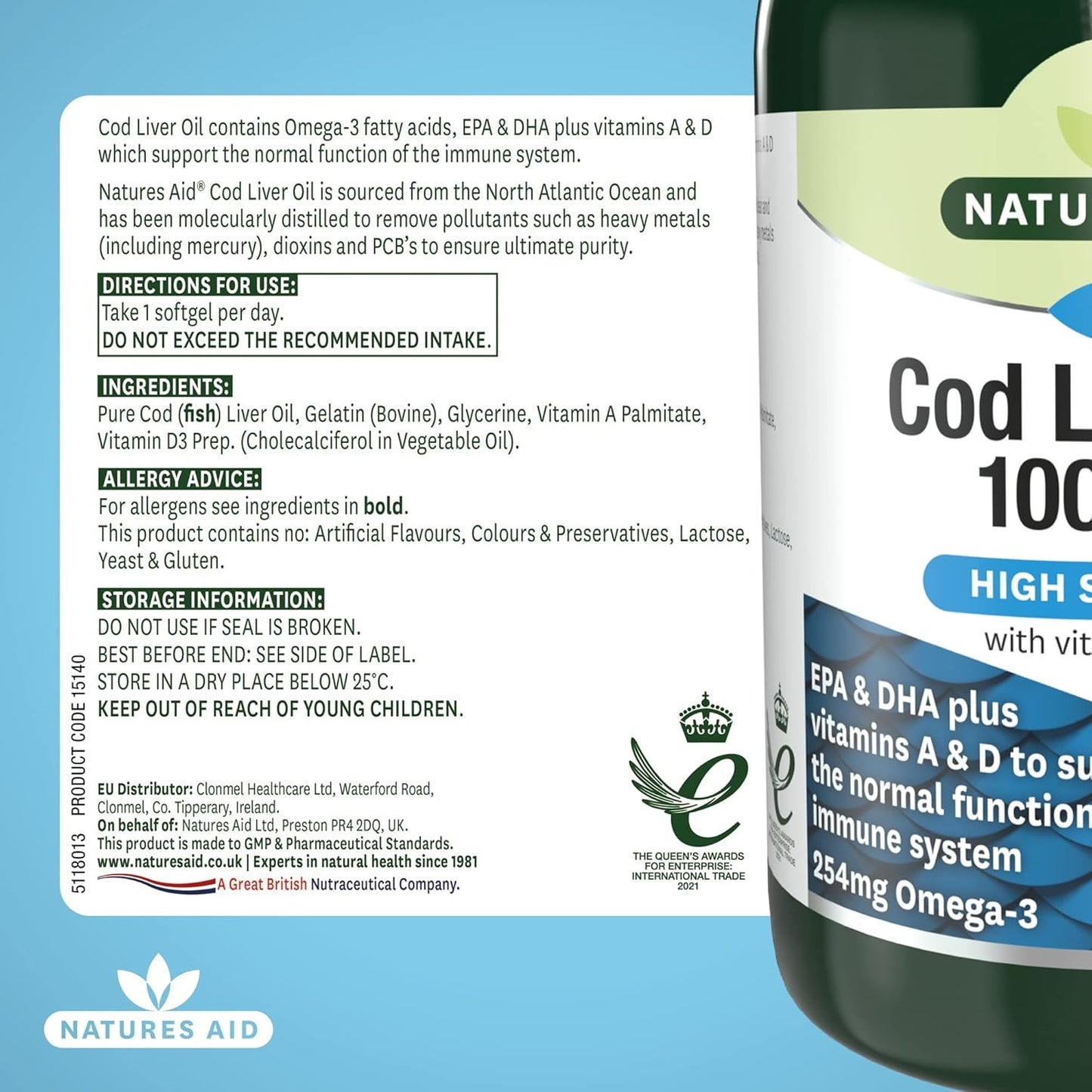 Natures Aid Cod Liver Oil – High Strength Omega-3 Fish Oil with Vitamins A & D - 1000mg, 180 Softgels