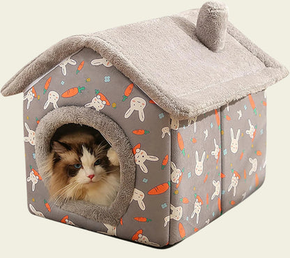 ALLSOPETS Foldable Pet House for Cats Indoor Dog House with Chimney Soft and Warm Semi-closed Cats Bed with Removable Cushion for Small Dogs and Cats Grey
