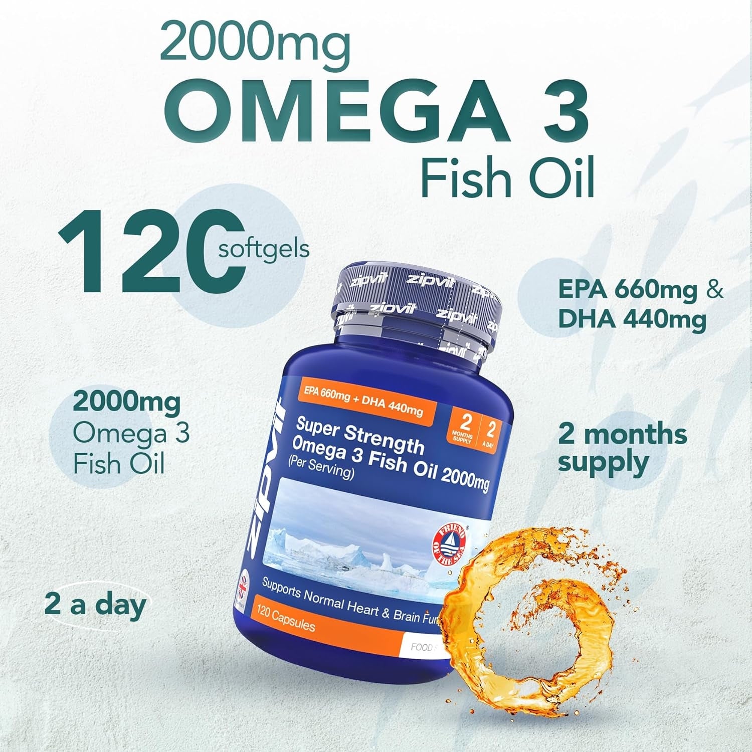 Omega 3, cod liver oil, fatty acids, fish oil, heart & brain function, 2000mg, zipvit, order online in UK