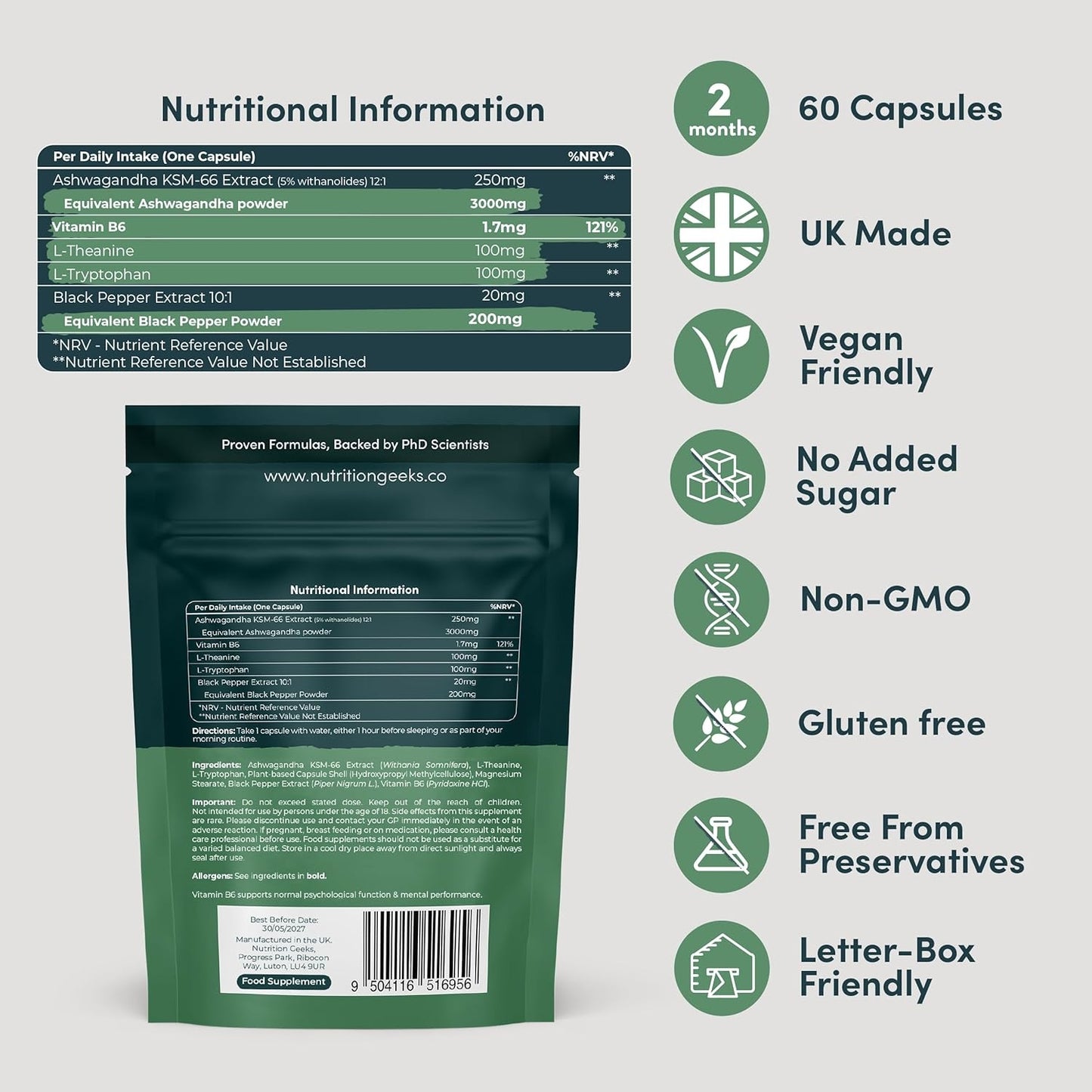 Ashwagandha Calm+ KSM-66 Complex | 3000mg High Strength with Amino Acids & Vitamin B6 | 2-Month Supply (60 capsules) | Vegan, UK Made