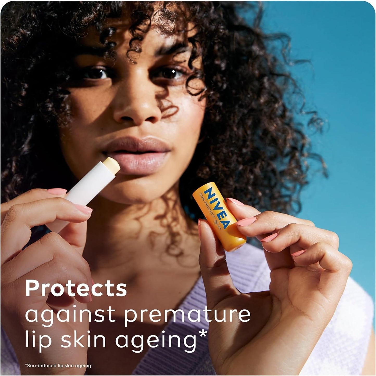 
NIVEA SUN Protect Caring Lip Balm SPF50, Lip balm, lip care, lip tint, Vegan & Cruelty-free, skincare, buy online in UK, 24H Moisture, SPF,No White Cast, Shea Butter,UVA/UVB, Vitamin C & E