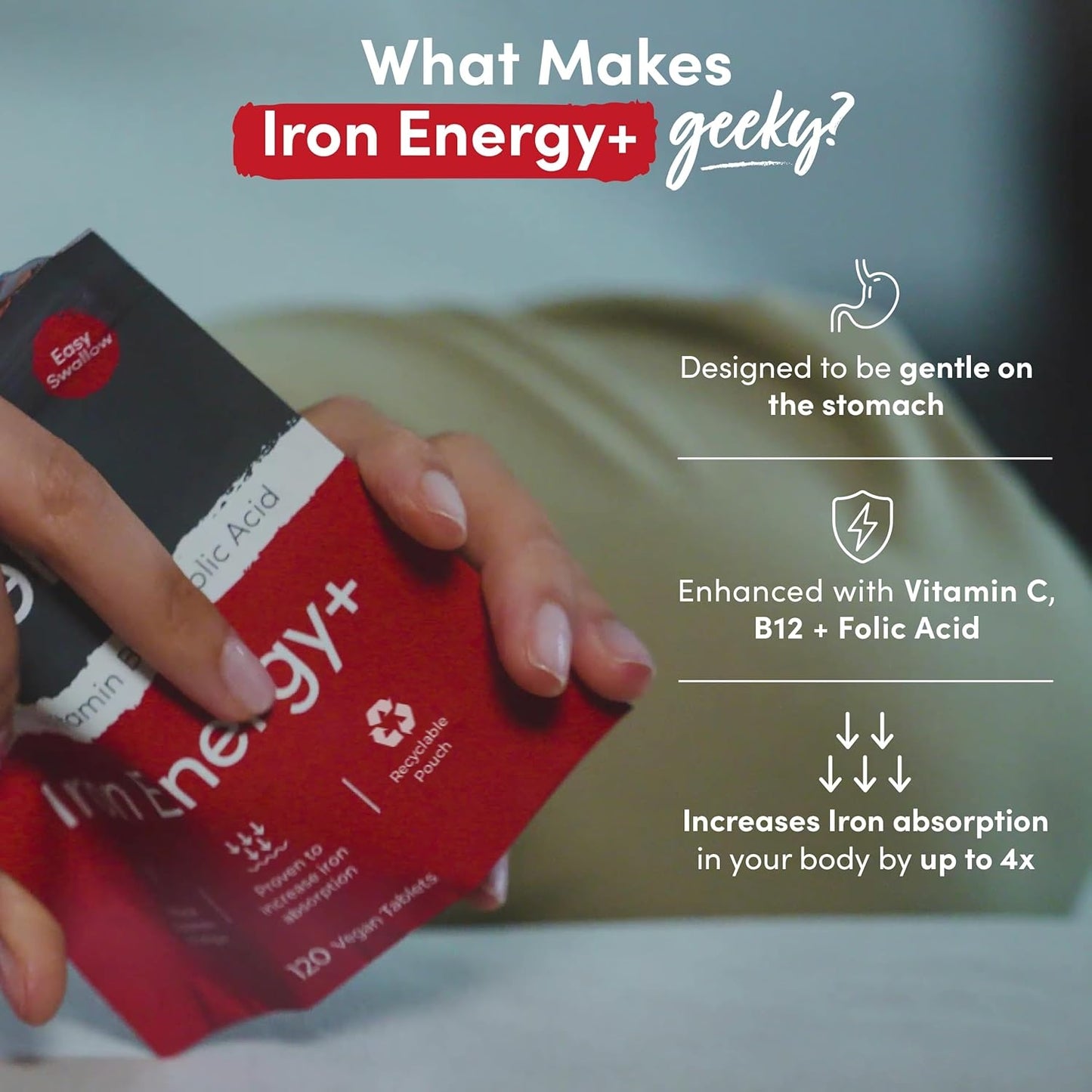 Iron Tablets High Strength - Energy Tablets with Vitamin C, B12 & Folic Acid - 120 Vegan Iron Supplements for Women and Men - 14mg - Enhanced Energy Support & Increased Absorption - UK Made
