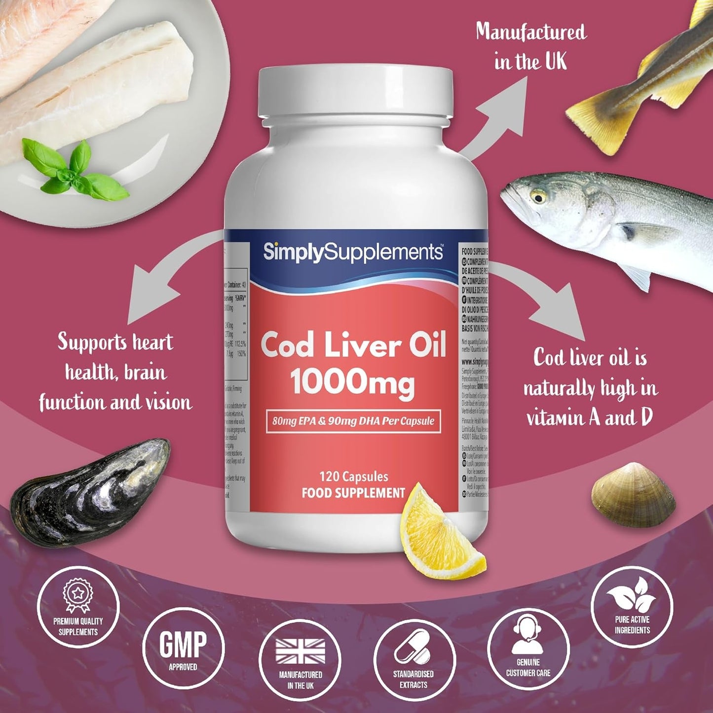 Pure Cod Liver Oil 1000mg | Supports Heart, Brain, Vision & Immune Health | Rich in Omega 3 Fatty Acids | 240mg of EPA and 270mg of DHA per Serving | 120 Capsules | Made in The UK
