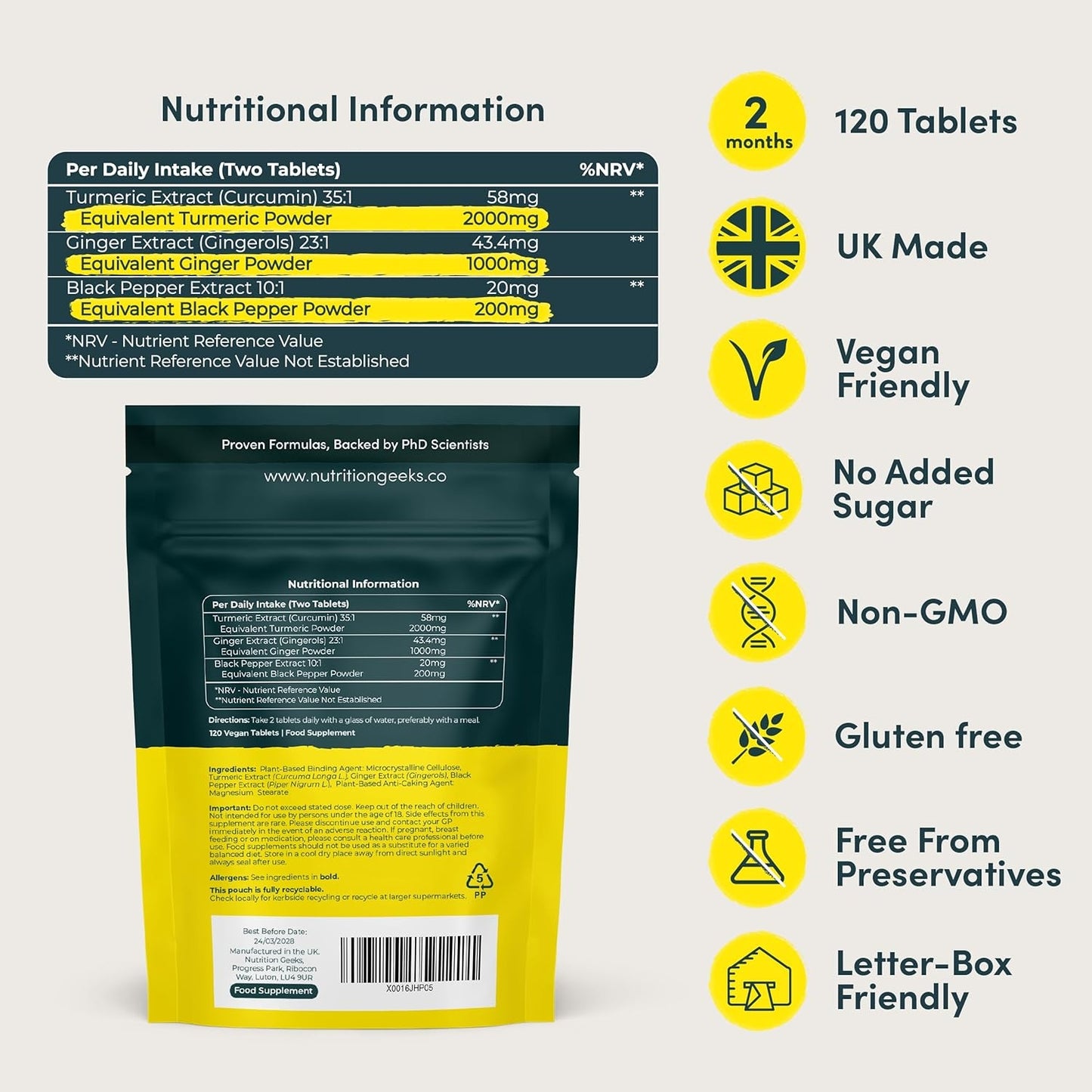 Turmeric Tablets 2000mg with Black Pepper & Ginger - 120 High Strength Curcumin Supplements