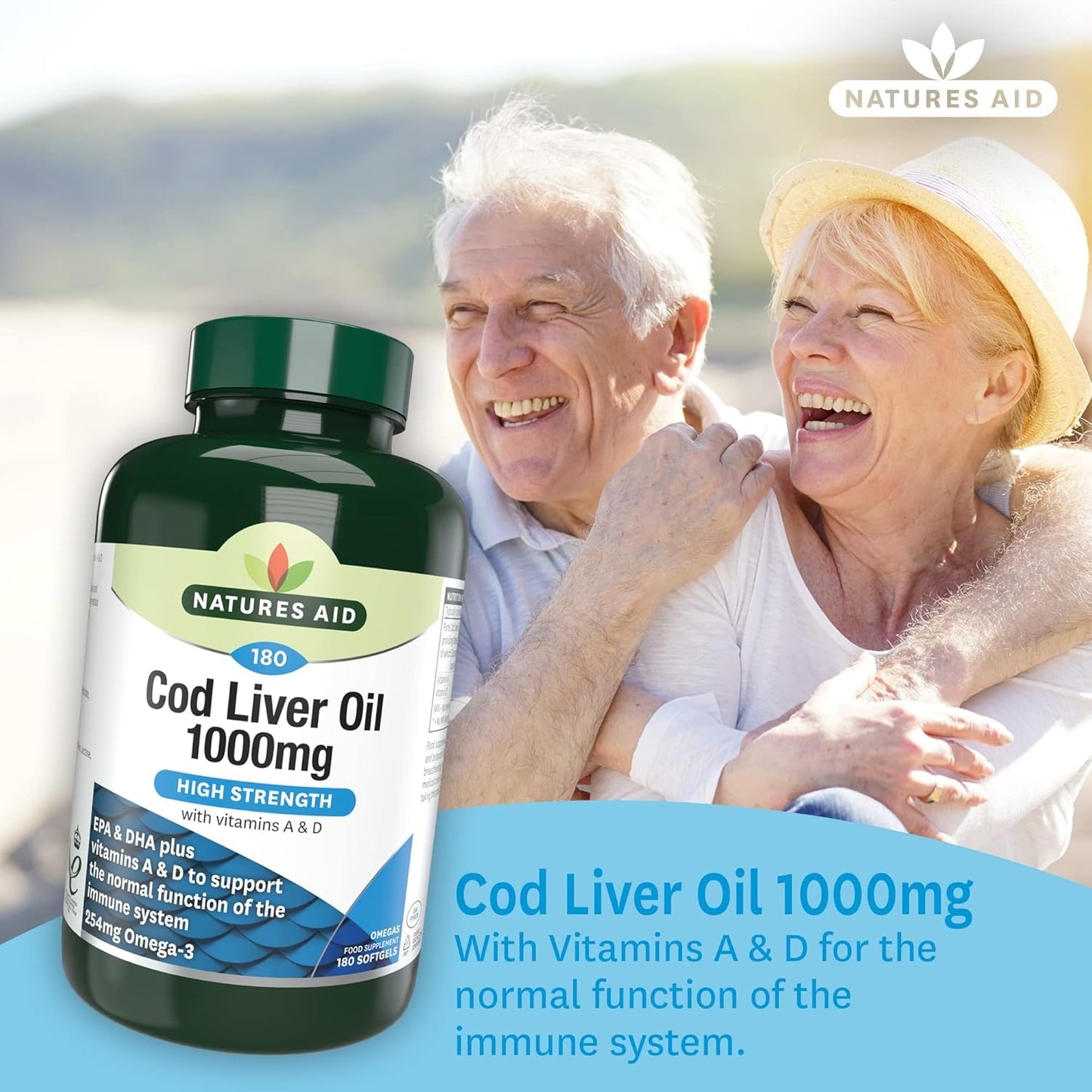 Natures Aid Cod Liver Oil – High Strength Omega-3 Fish Oil with Vitamins A & D - 1000mg, 180 Softgels