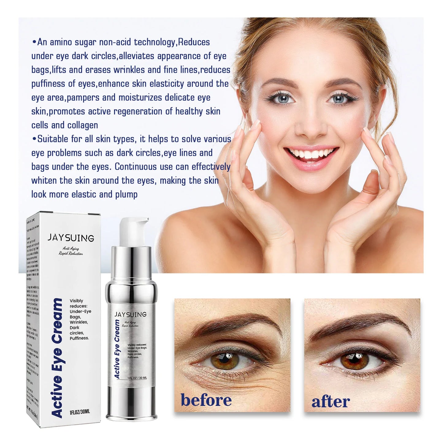 Jaysuing 30ml Hyaluronic Acid Anti Eye Bags Cream Lighten Fine Lines Anti Aging Remove Dark Circle Puffiness Firming Eye Cream