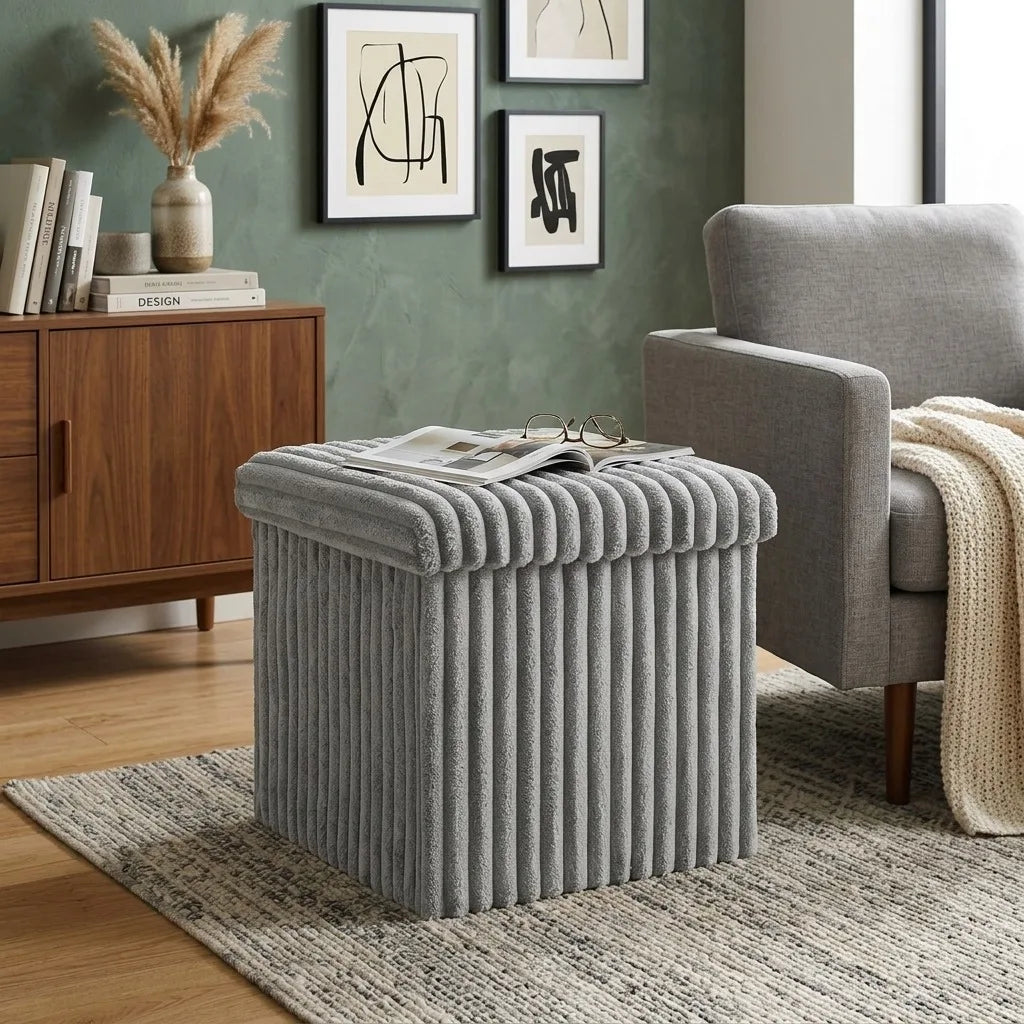 Velvet Storage Ottoman Box with Lid – Foldable Ribbed Footstool Seat Hidden Storage Cube for Bedroom Living Room & Office