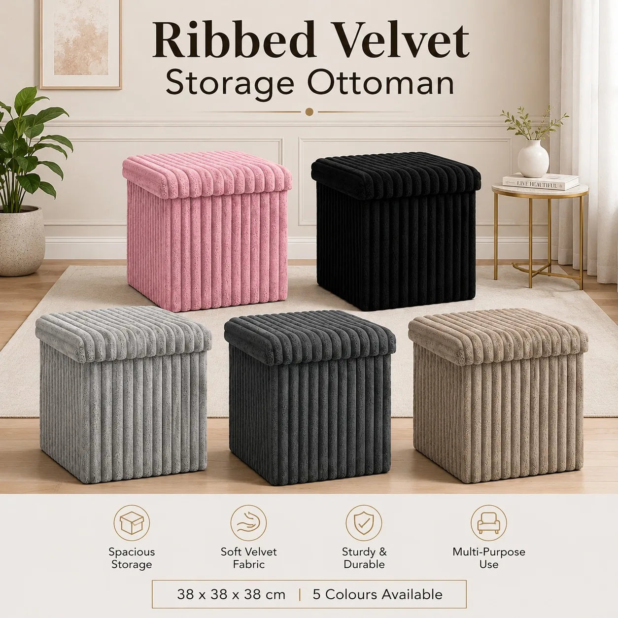 Velvet Storage Ottoman Box with Lid – Foldable Ribbed Footstool Seat Hidden Storage Cube for Bedroom Living Room & Office
