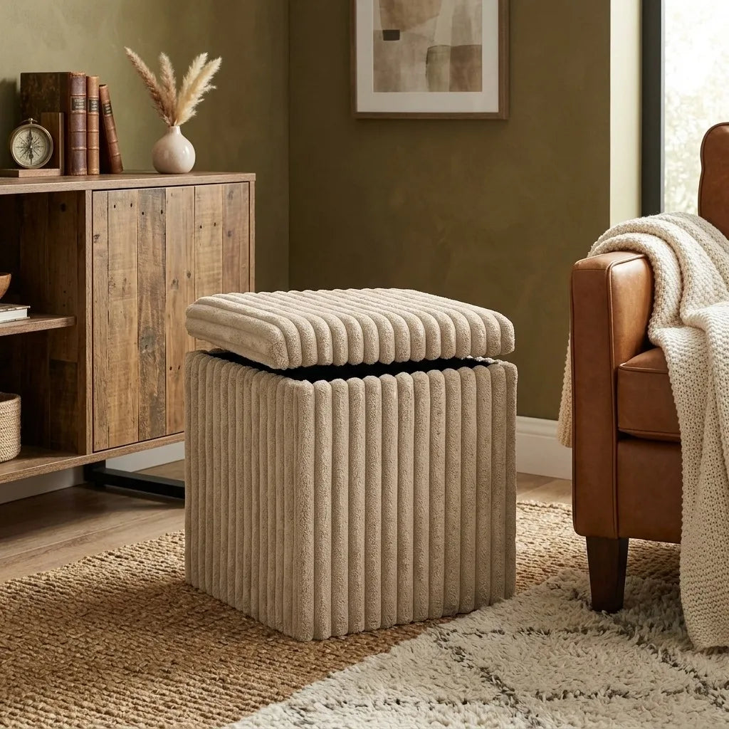 Velvet Storage Ottoman Box with Lid – Foldable Ribbed Footstool Seat Hidden Storage Cube for Bedroom Living Room & Office
