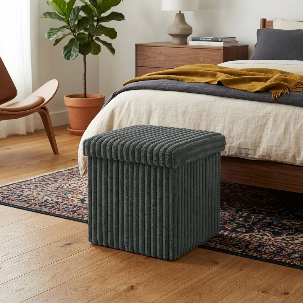 Velvet Storage Ottoman Box with Lid – Foldable Ribbed Footstool Seat Hidden Storage Cube for Bedroom Living Room & Office