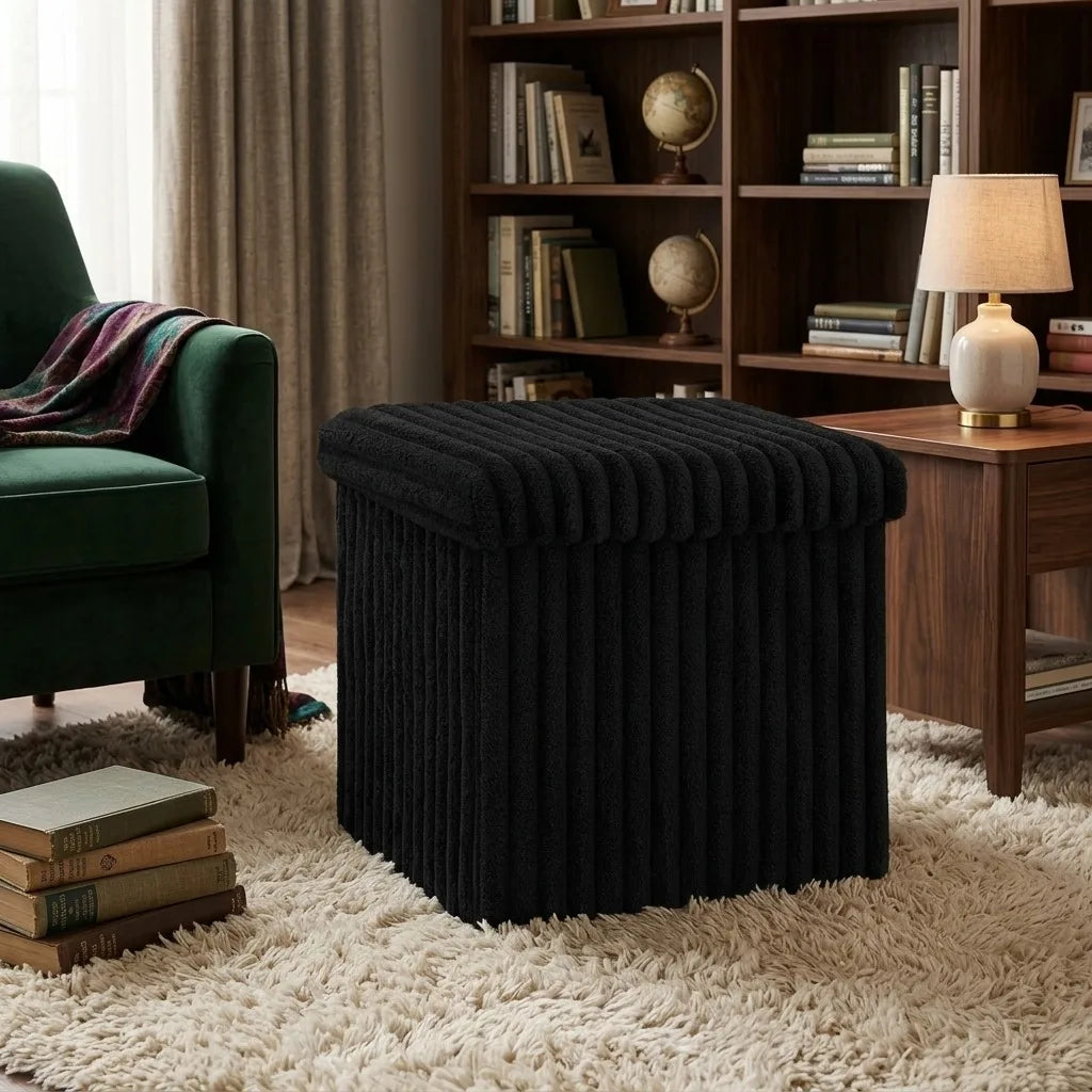 Velvet Storage Ottoman Box with Lid – Foldable Ribbed Footstool Seat Hidden Storage Cube for Bedroom Living Room & Office