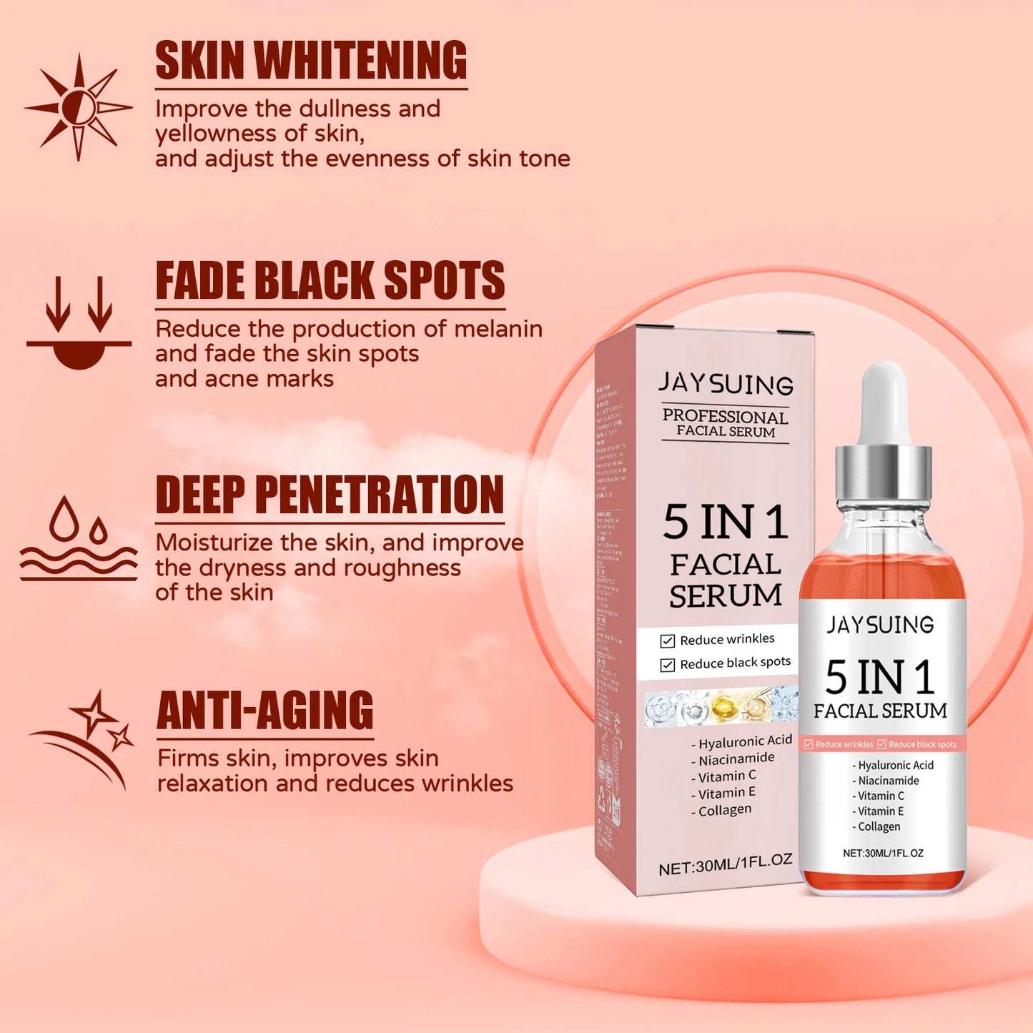 30ml Jaysuing Whiten Anti-Aging Facial Essence Reduce Fine Lines Firm Shrink Pores Fade Spots Moisturize Brighten Facial Essence