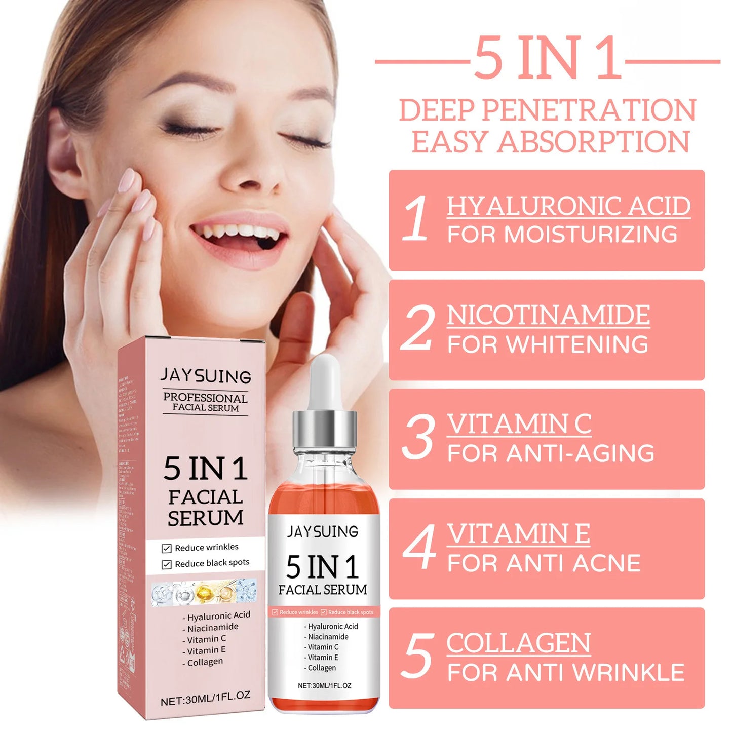 30ml Jaysuing Whiten Anti-Aging Facial Essence Reduce Fine Lines Firm Shrink Pores Fade Spots Moisturize Brighten Facial Essence