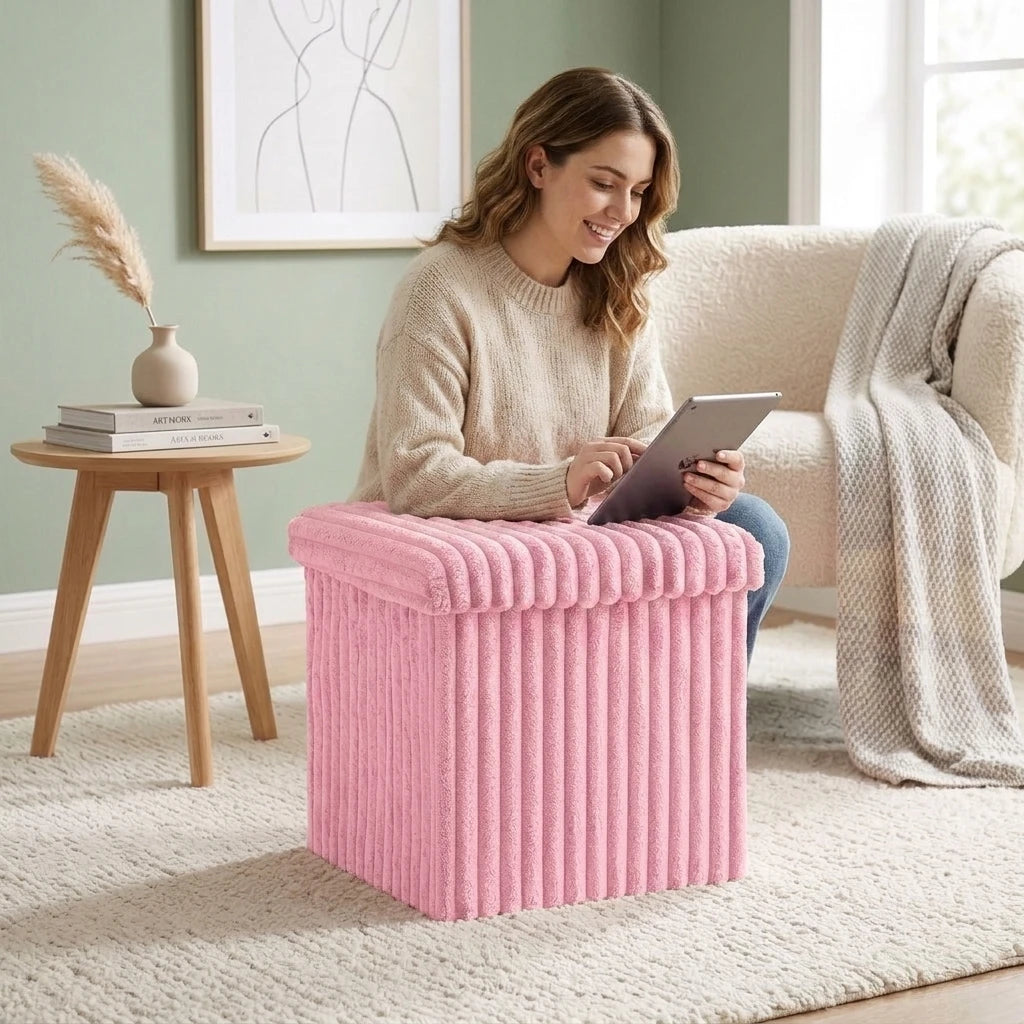 Velvet Storage Ottoman Box with Lid – Foldable Ribbed Footstool Seat Hidden Storage Cube for Bedroom Living Room & Office