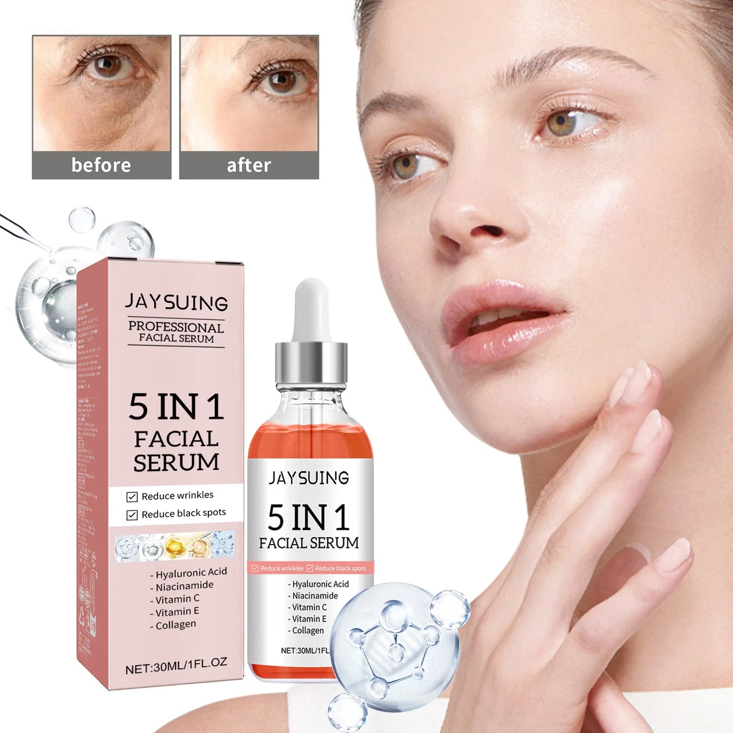 30ml Jaysuing Whiten Anti-Aging Facial Essence Reduce Fine Lines Firm Shrink Pores Fade Spots Moisturize Brighten Facial Essence