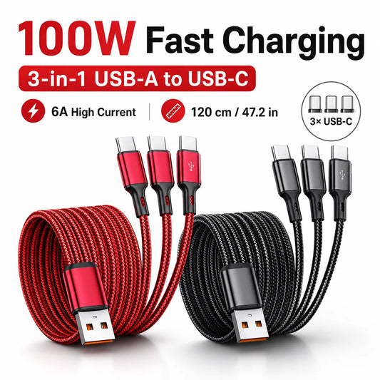 3 in 1 USB A to 3 Type C Cable 100W 6A Fast Charging Data Transfer Cord for Samsung Xiaomi Huawei Android Phone