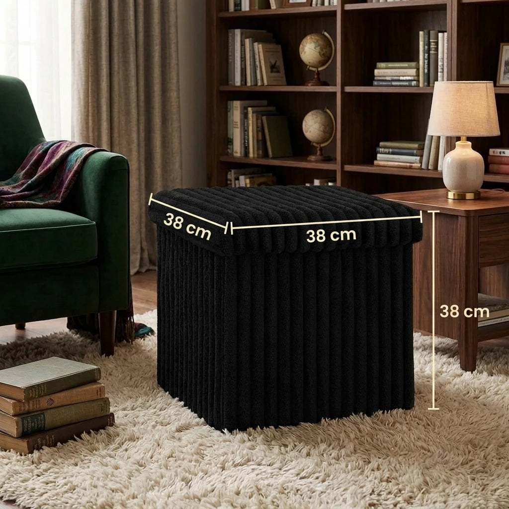 Velvet Storage Ottoman Box with Lid – Foldable Ribbed Footstool Seat Hidden Storage Cube for Bedroom Living Room & Office