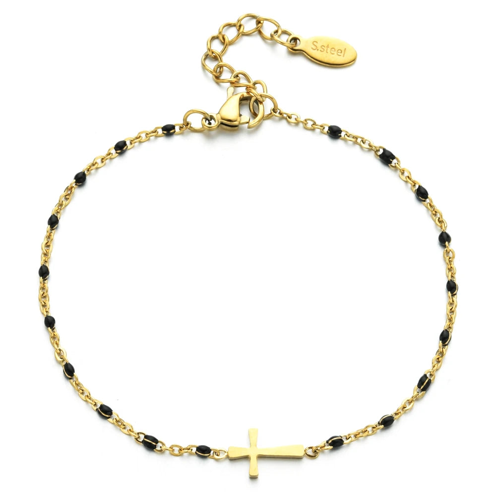 ZMZY Girls Boho Thin Chain Stainless Steel Bracelets For Women Gold Color Peach Pink Cross Charm Beautiful Gift