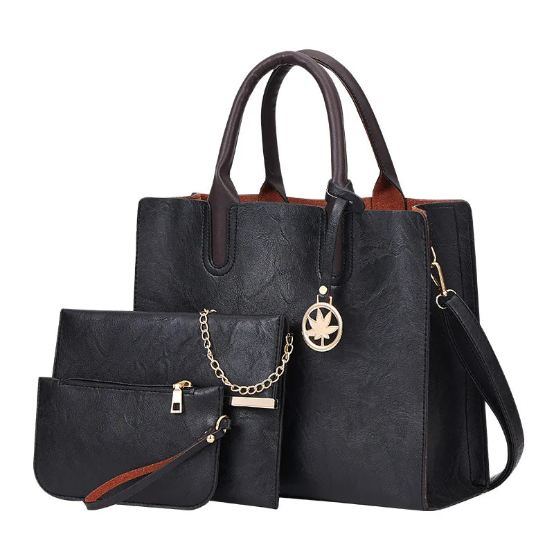 Ladies 3 in 1 Fashion Retro Pu Leather Tote Shoulder Bag Women's Lychee Printed Casual PU Leather 3 Pcs Set Messenger Handbags