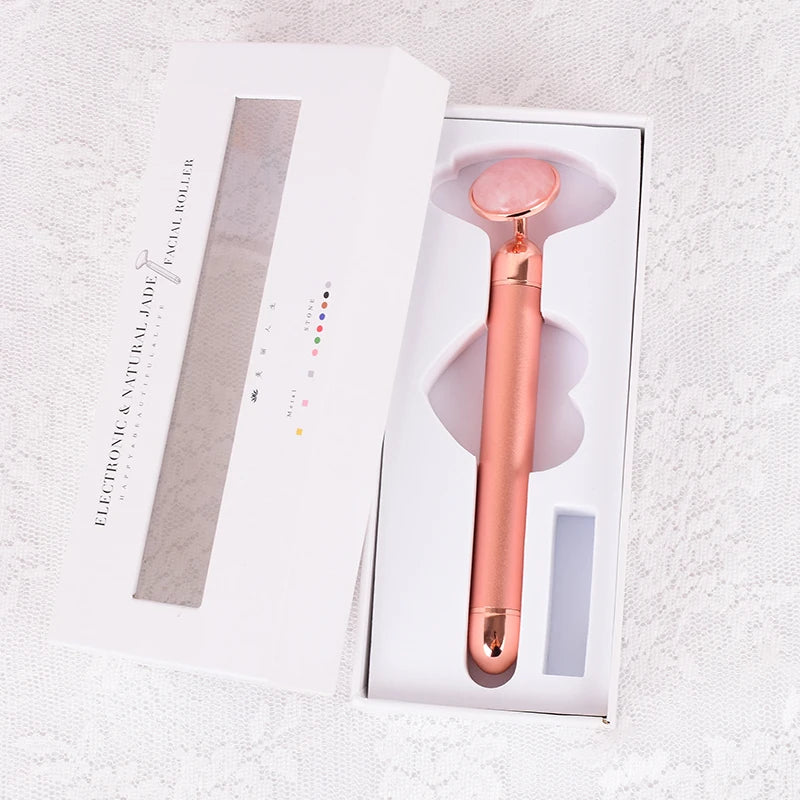 Natural Stone Rose Gold Electric Roller Original Amethyst Quartz Jade Big Frequency Eye Massage Face Care Neck Detox Beauty Tool