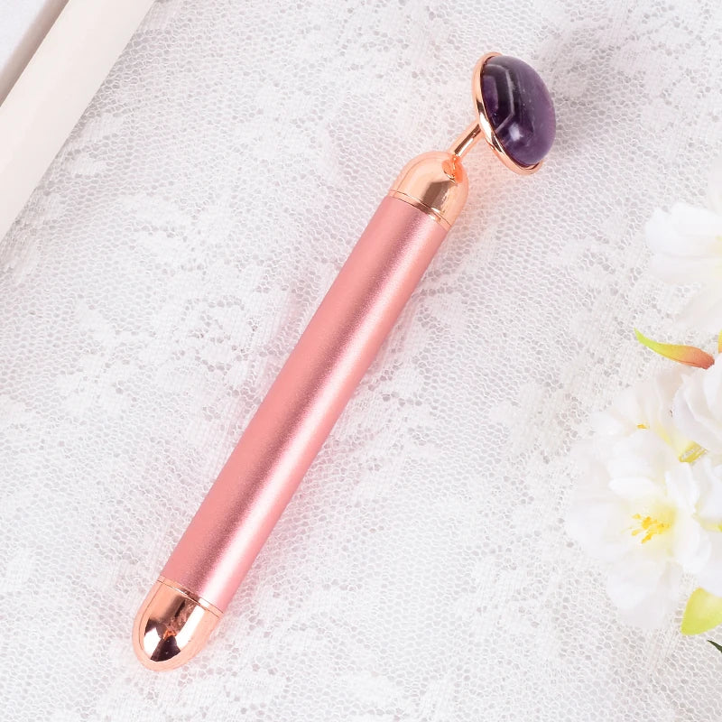 Natural Stone Rose Gold Electric Roller Original Amethyst Quartz Jade Big Frequency Eye Massage Face Care Neck Detox Beauty Tool