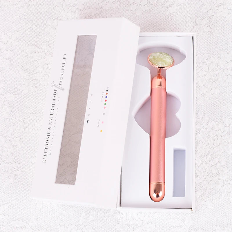 Natural Stone Rose Gold Electric Roller Original Amethyst Quartz Jade Big Frequency Eye Massage Face Care Neck Detox Beauty Tool