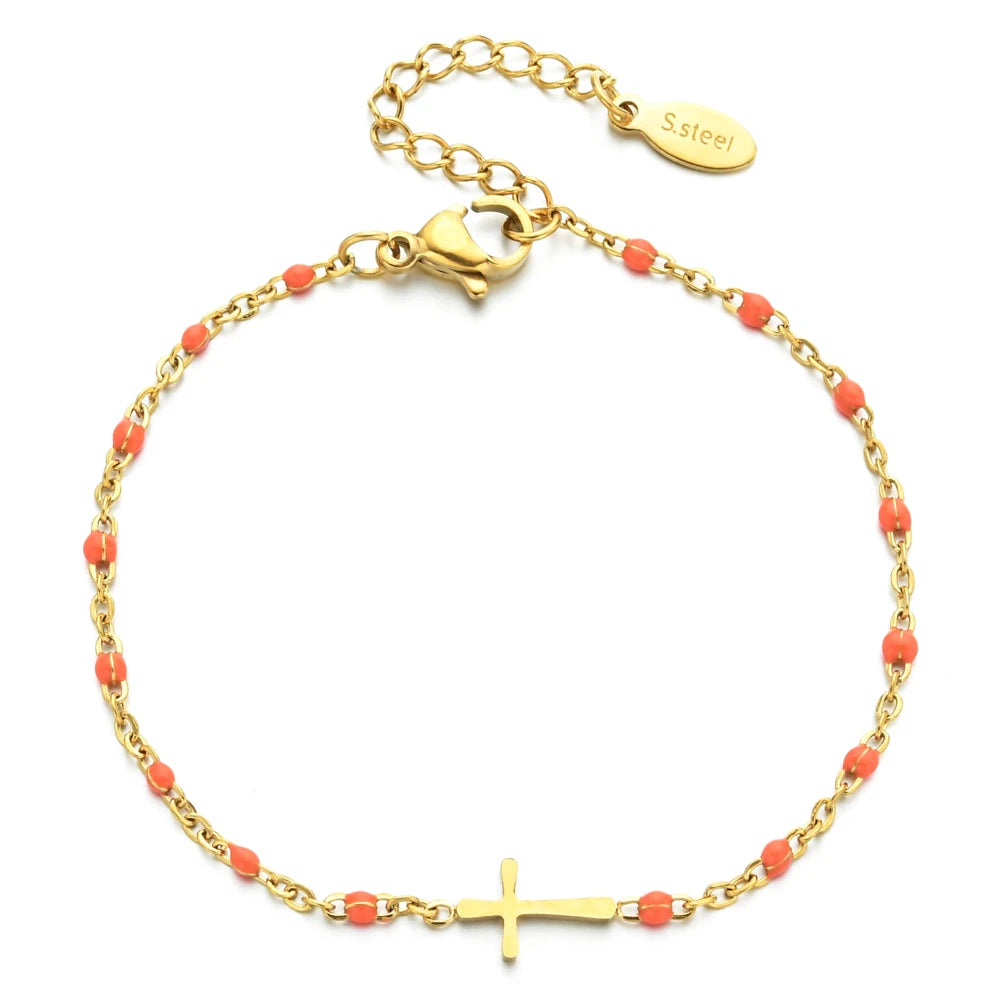 ZMZY Girls Boho Thin Chain Stainless Steel Bracelets For Women Gold Color Peach Pink Cross Charm Beautiful Gift