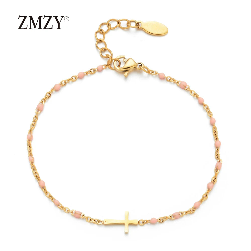 ZMZY Girls Boho Thin Chain Stainless Steel Bracelets For Women Gold Color Peach Pink Cross Charm Beautiful Gift