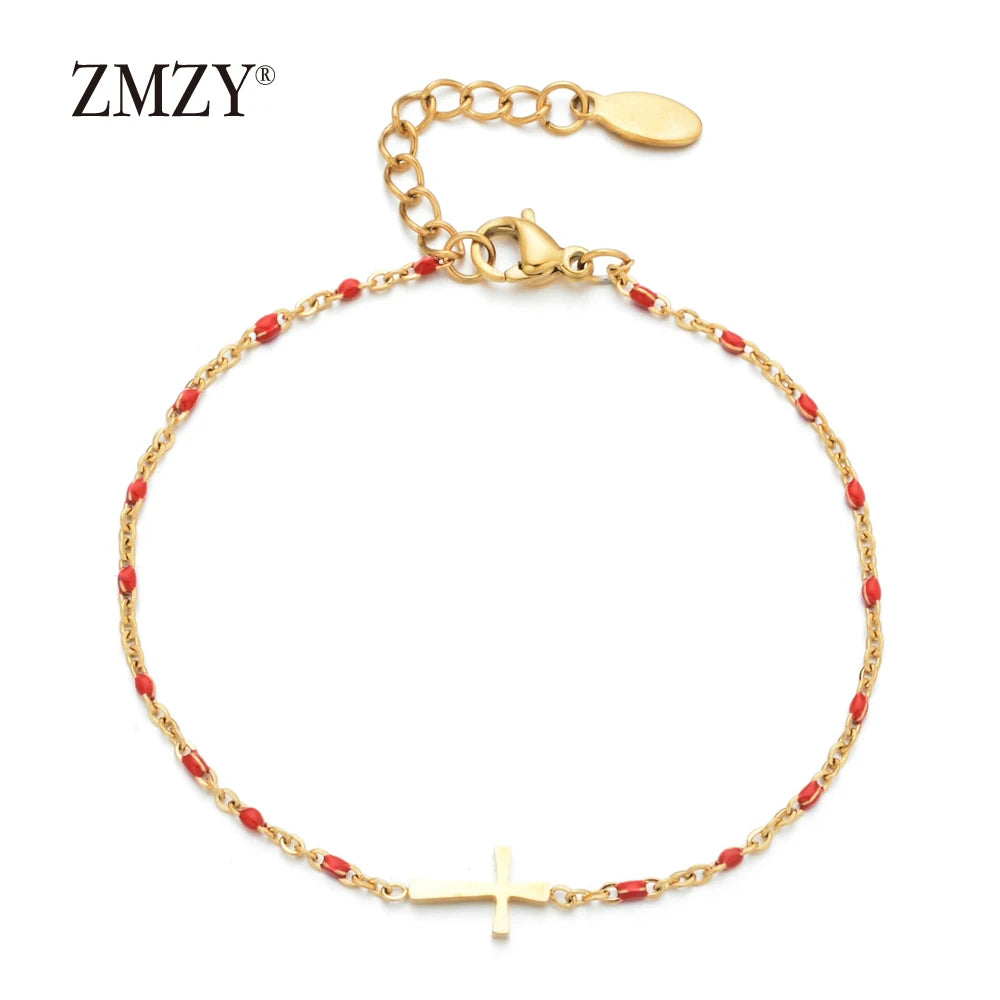 ZMZY Girls Boho Thin Chain Stainless Steel Bracelets For Women Gold Color Peach Pink Cross Charm Beautiful Gift