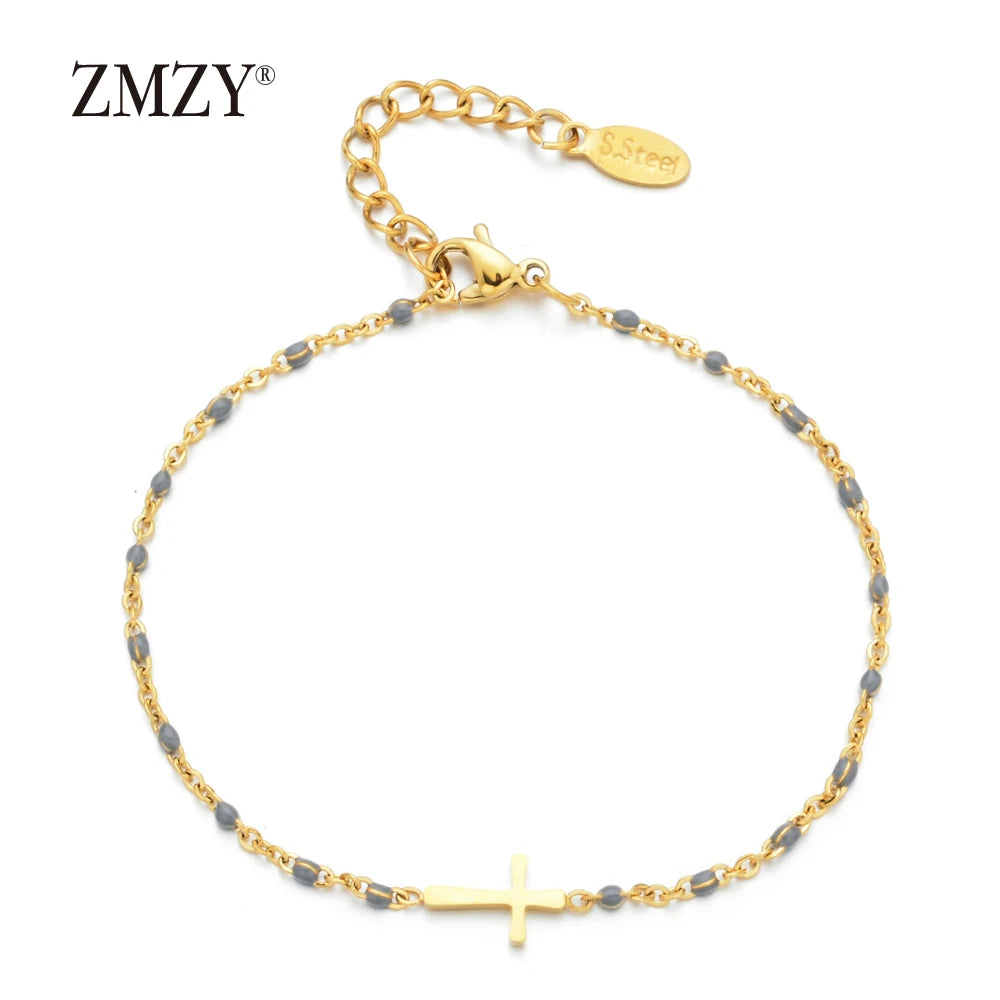 ZMZY Girls Boho Thin Chain Stainless Steel Bracelets For Women Gold Color Peach Pink Cross Charm Beautiful Gift