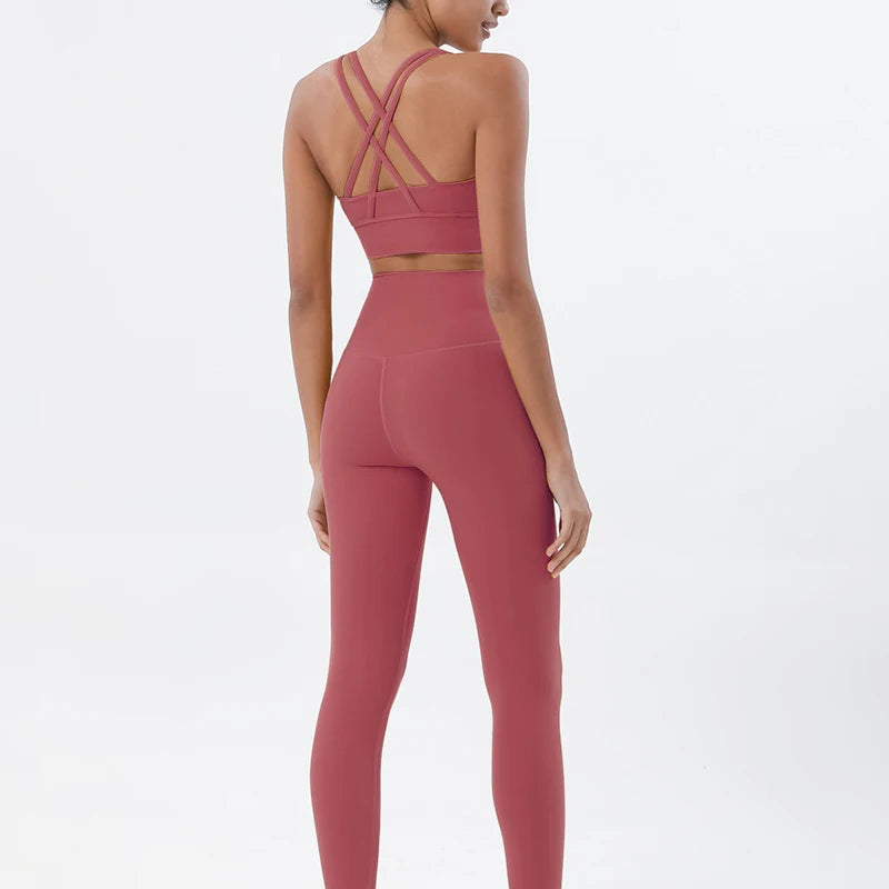 SOISOU Nylon Yoga Set Women's Tracksuit Gym Fitness Set Woman 2 Pieces Leggings Sports Bra Breathable Sportwear Woman Clothes
