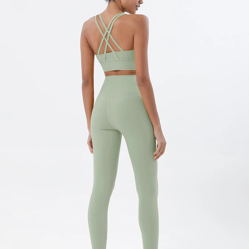 SOISOU Nylon Yoga Set Women's Tracksuit Gym Fitness Set Woman 2 Pieces Leggings Sports Bra Breathable Sportwear Woman Clothes