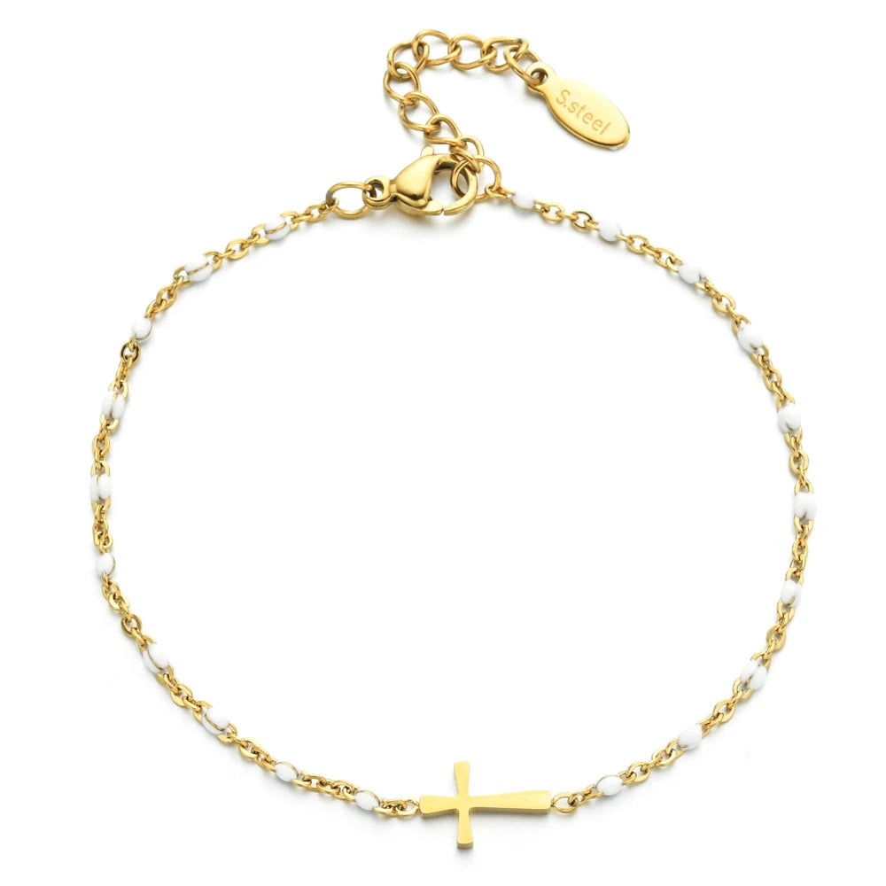 ZMZY Girls Boho Thin Chain Stainless Steel Bracelets For Women Gold Color Peach Pink Cross Charm Beautiful Gift