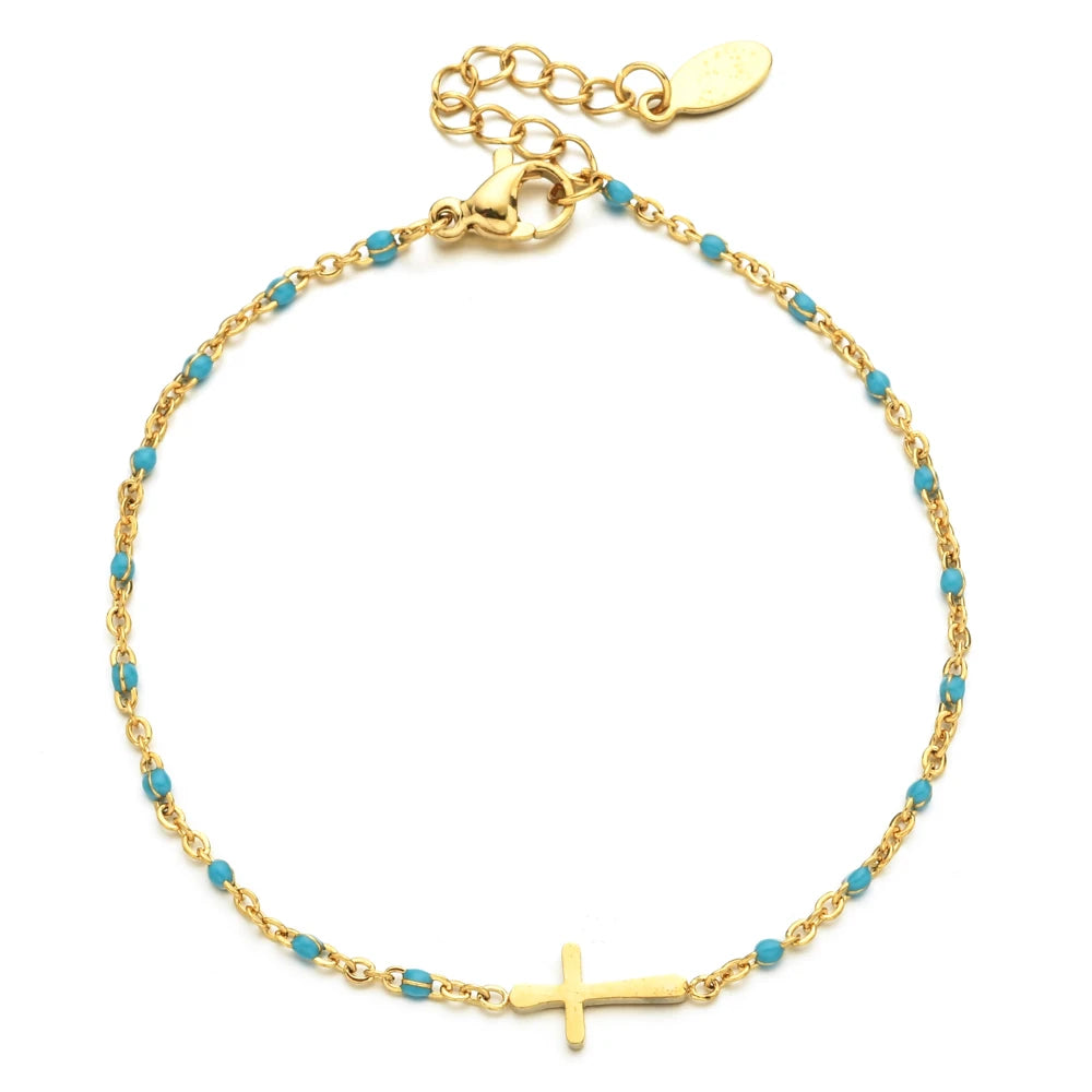 ZMZY Girls Boho Thin Chain Stainless Steel Bracelets For Women Gold Color Peach Pink Cross Charm Beautiful Gift