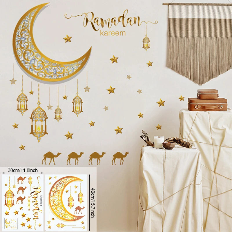 Eid Mubarak Wall Stickers Moon Star Lantern Ramadan Kareem Wall Decals Muslim Islamic Window Sticker Decorations for Home 2026