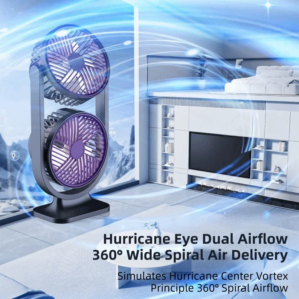 Dual Head Desk Fan 3 Speed USB Rechargeable Table Cooling Fan Low Noise with LED Night Light Independent Control for Home Office Bedroom Desktop