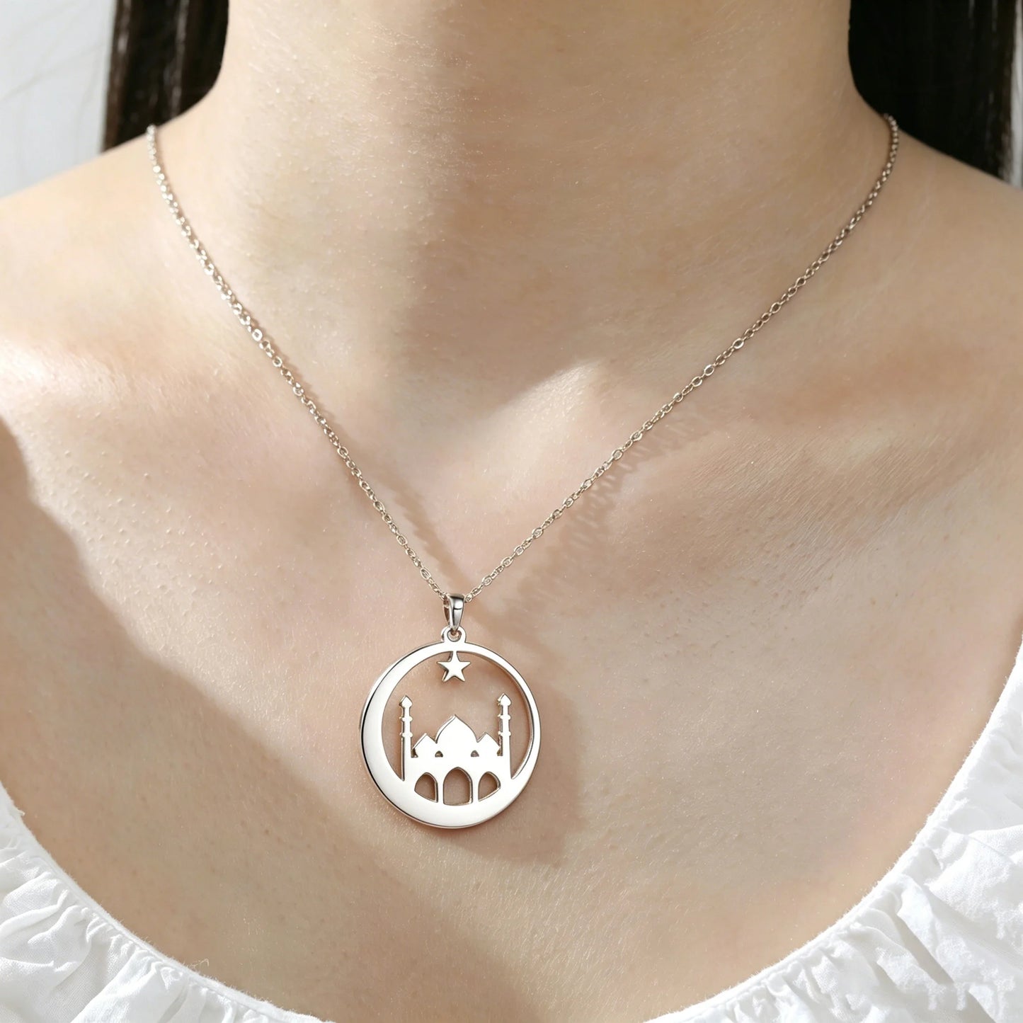 Mosque Crescent Star Necklace Stainless Steel Islamic Jewelry Muslim Eid Ramadan Pendant Gifts Her Minimalist Religious Neckwear