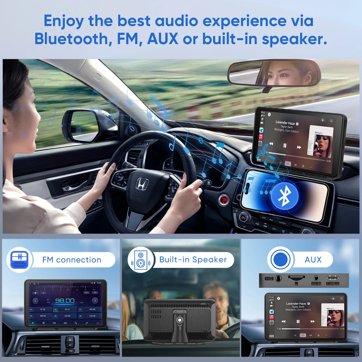 Pionray 7” Universal CarPlay Android Auto Car Radio Multimedia Video Player IPS Touch Screen With AUX USB Rearview Camera
