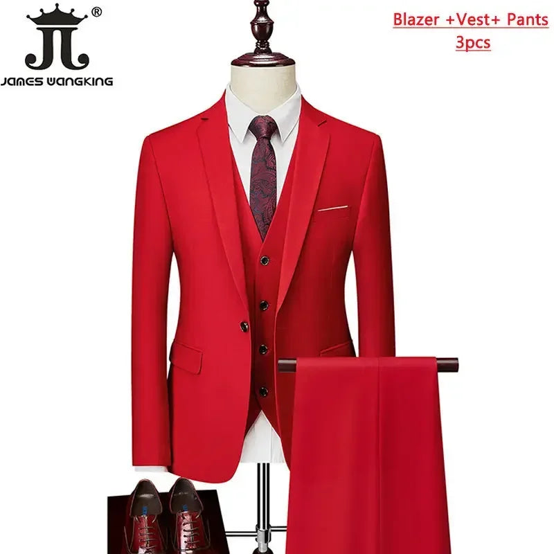 M-6XL 15 Colors ( Jacket+Vest+Pants ) Formal Business Office Men's Suits Groom Wedding Dress Party Dress Solid Color Suit