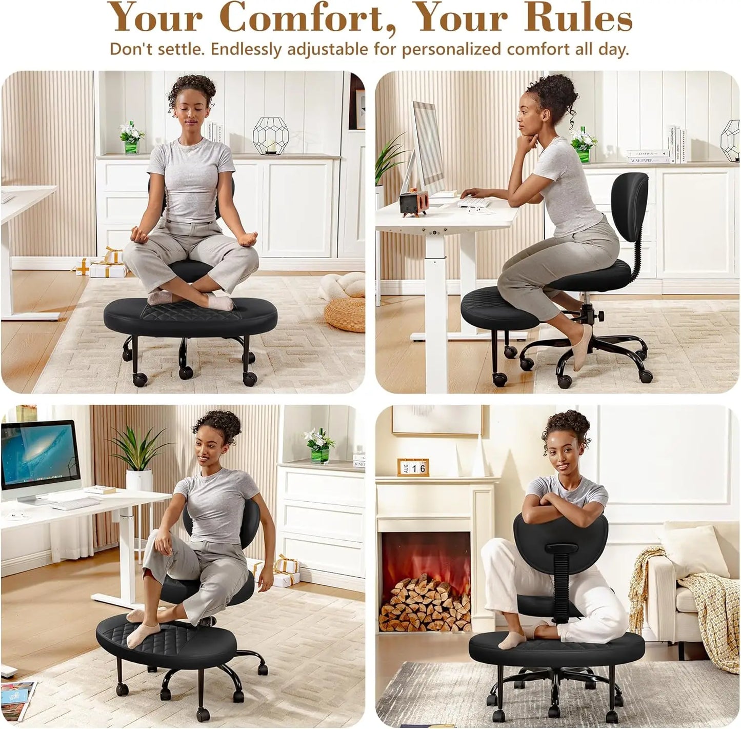 Meditation Chair, Cross Legged Chair with Wheels, ADHD Chair, Criss Cross Desk Chair with Height Adjustable Backrest and Adjustable Stool, Flexible Design for Fidgety Sitters,Black