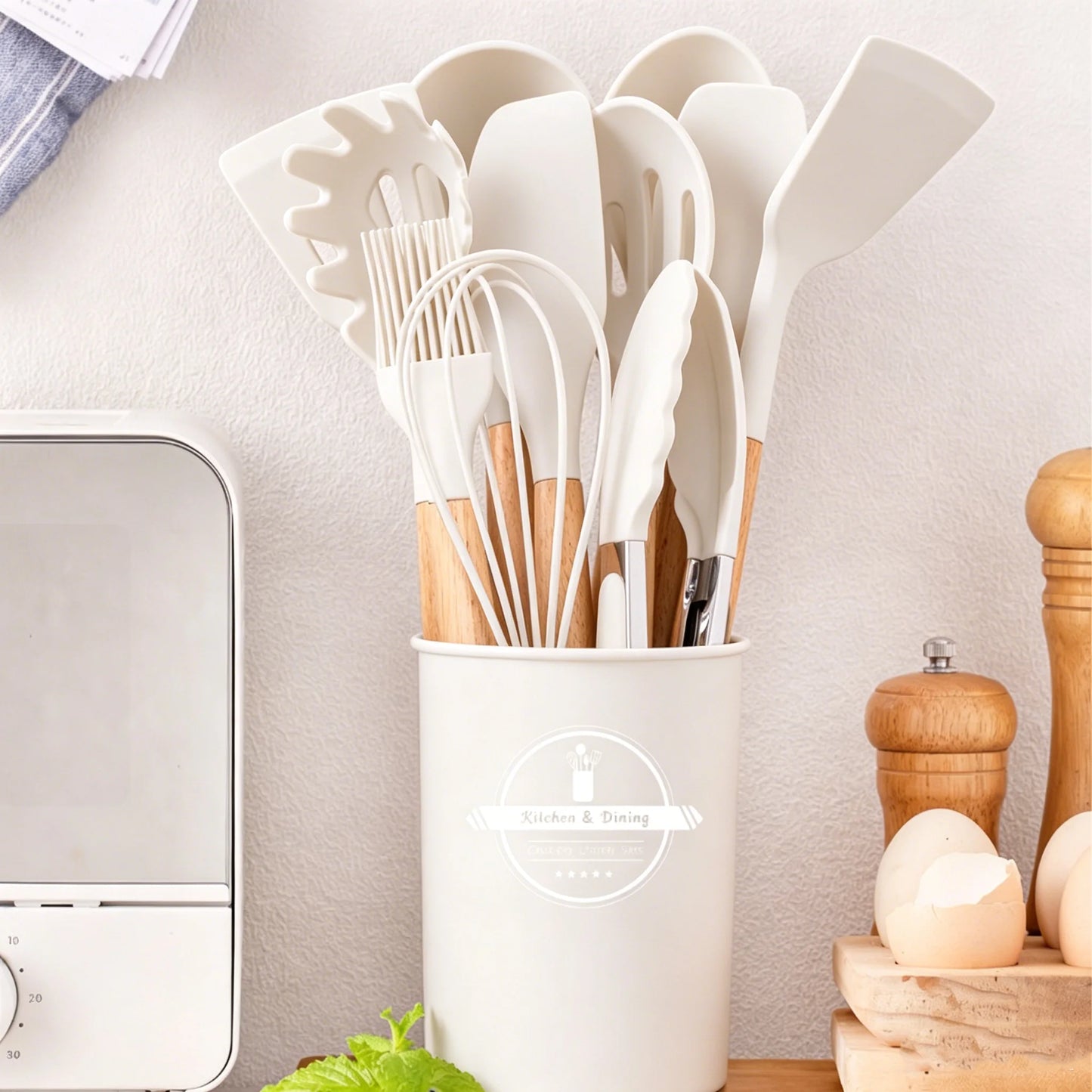 Silicone Kitchen Utensils Set 12-Piece, Heat Resistant, BPA Free, Wooden Handles & Storage Bucket for Non-Stick Cookware, Baking & Cooking