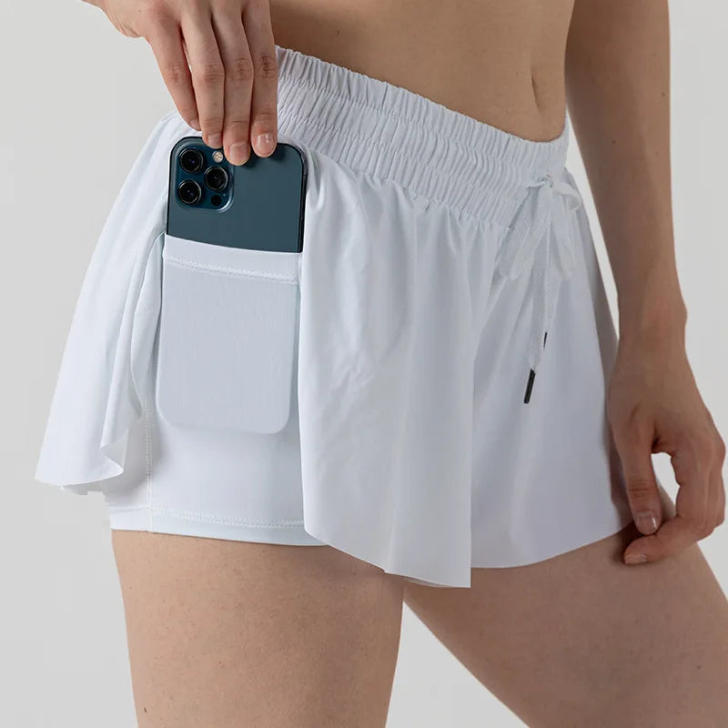 2 in 1 Flowy Sports Shorts Women Running Short Butterfly Tennis Skirt with Pockets Gym Yoga Athletic Biker Spandex Skirts Summer