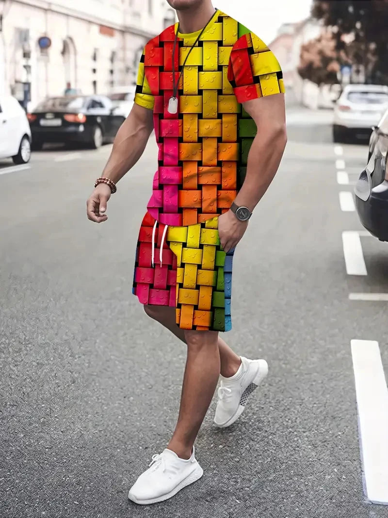 2025 Summer Men's Clothing Letter Print Short Sleeve Top Men's Elastic Waist Shorts 2-piece Set Plus Size T Shirts Shorts Set