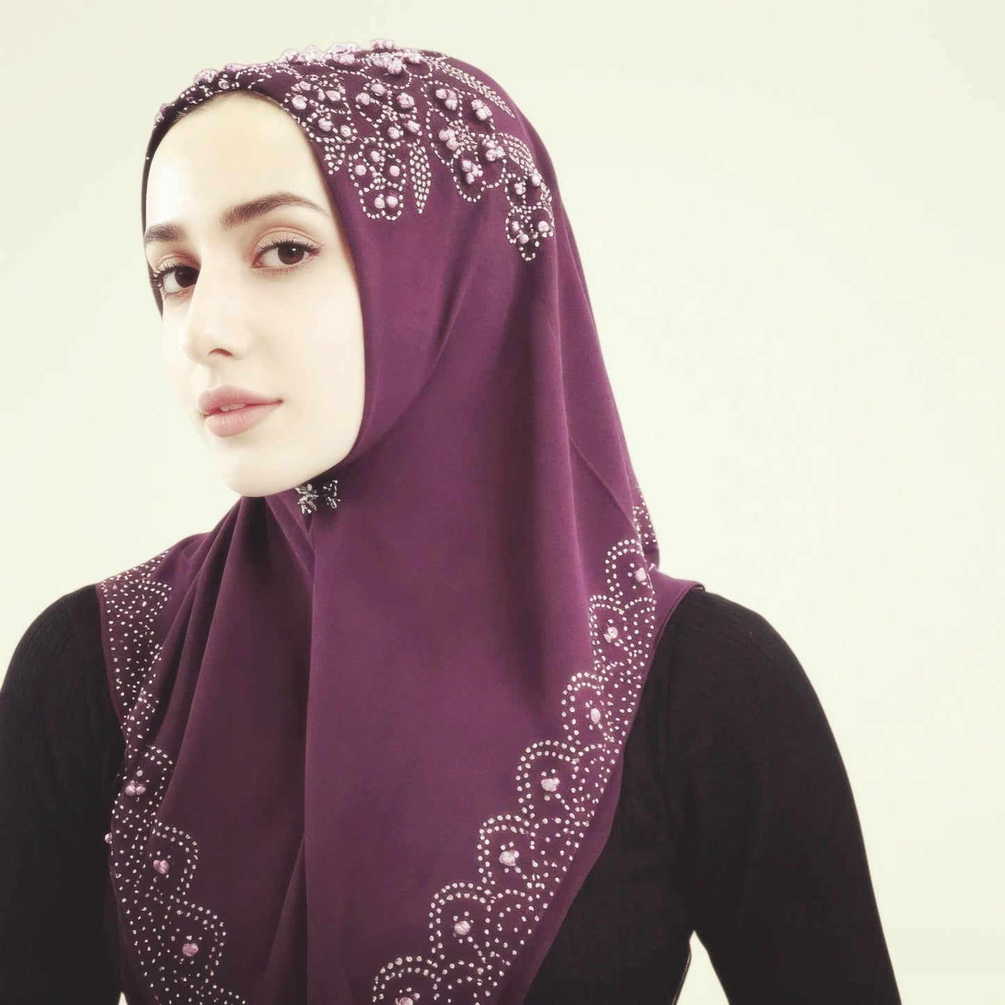 Muslim Square Scarf Women Fashion Rhinestone Hijab Arab Headwrap Turban Headband Pearl Chiffon Islamic Headscarf  Free Pin