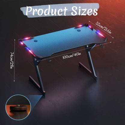 FRODROVIA Ergonomic Gaming Desk with RGB LED Lights Carbon-Fiber Surface PC Workstation Table with Headphone Hook And Cup Holder