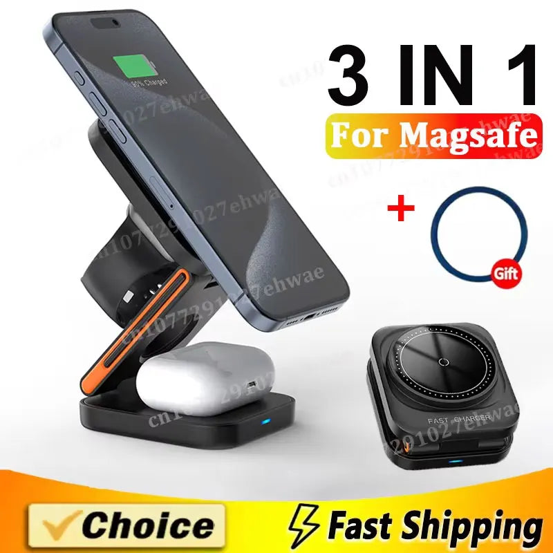 3 in 1 Foldable Charging Station Fast Magnetic Wireless Charger Stand for iPhone 17 16 15 14 13 12 Apple Watch 8 7 6 Airpods Pro