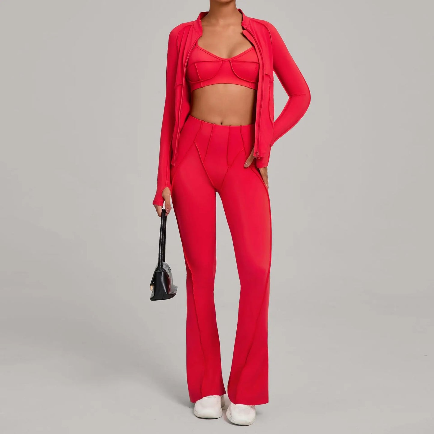 3PCS Women's Seamless Yoga Sets Sports Jackets Bra Flared-pants Suits Slim Fit Hip-Lifting Tracksuits Fitness Gym Workout Sets